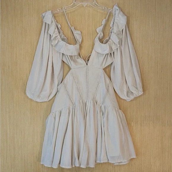 Asos Mini Dress Womens 8 Beige Ruffle Cutout Sheer Fairy Boho Festival Whimsy - Picture 2 of 9